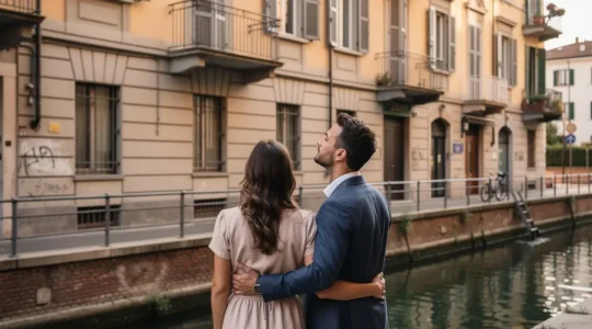 Coppia osserva la facciata di un edificio residenziale a Milano zona Navigli per valutare agenzie immobiliari