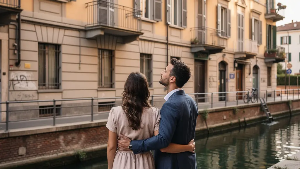 Coppia osserva la facciata di un edificio residenziale a Milano zona Navigli per valutare agenzie immobiliari