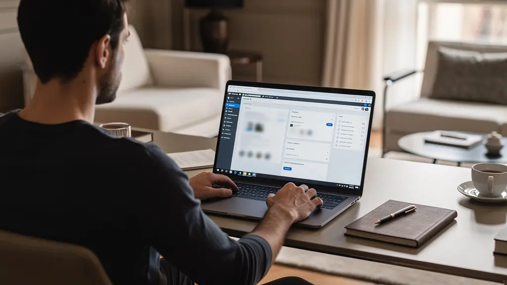 Persona seduta che consulta una piattaforma di confronto agenzie immobiliari su laptop per scegliere agenzia Milano